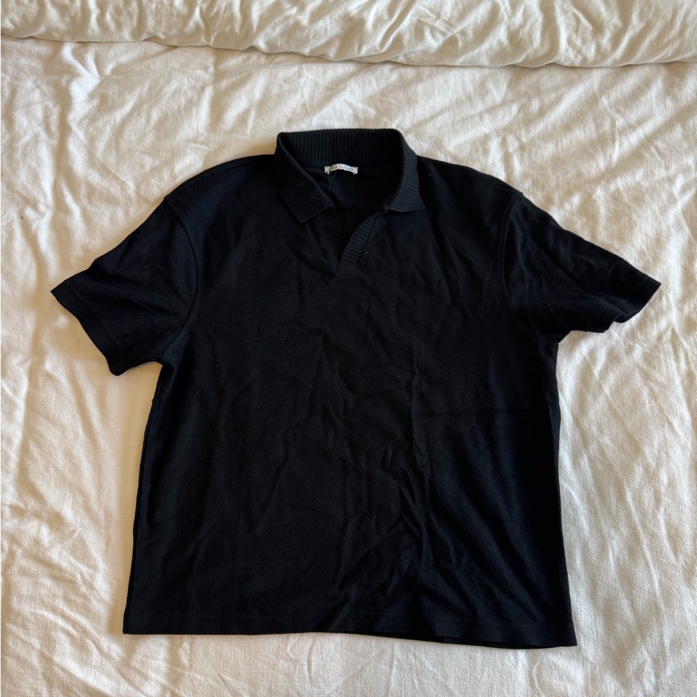 Zara Black Polo Shirt with Textured Knit
